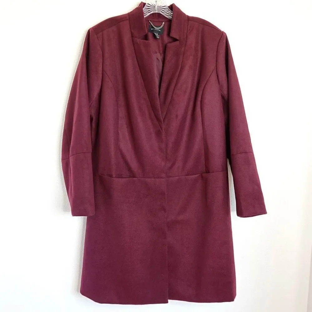 H by Halston Knee Length Snap Front Coat with Notch Collar Maroon Burgundy Size